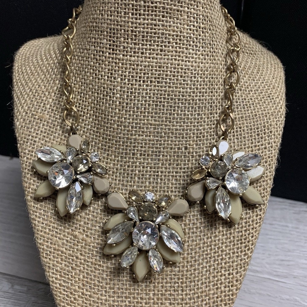 J Crew Statement Faux Marquis Style Cream and Rhinestone Floral Necklace 16"